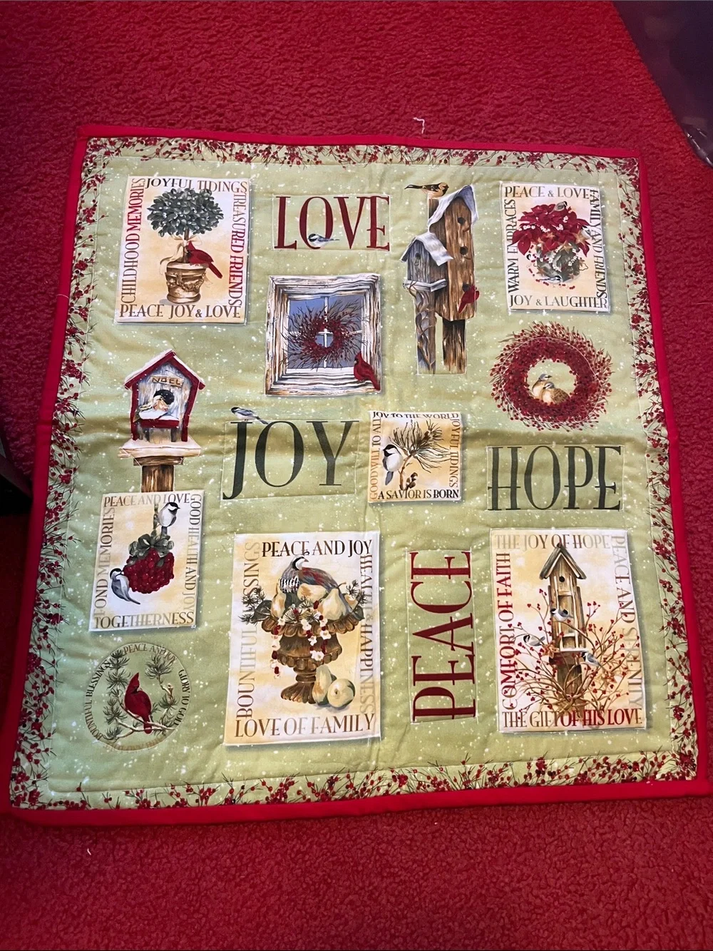 Festive Holiday Quilt Throw – Red and Green Joy & Peace Design